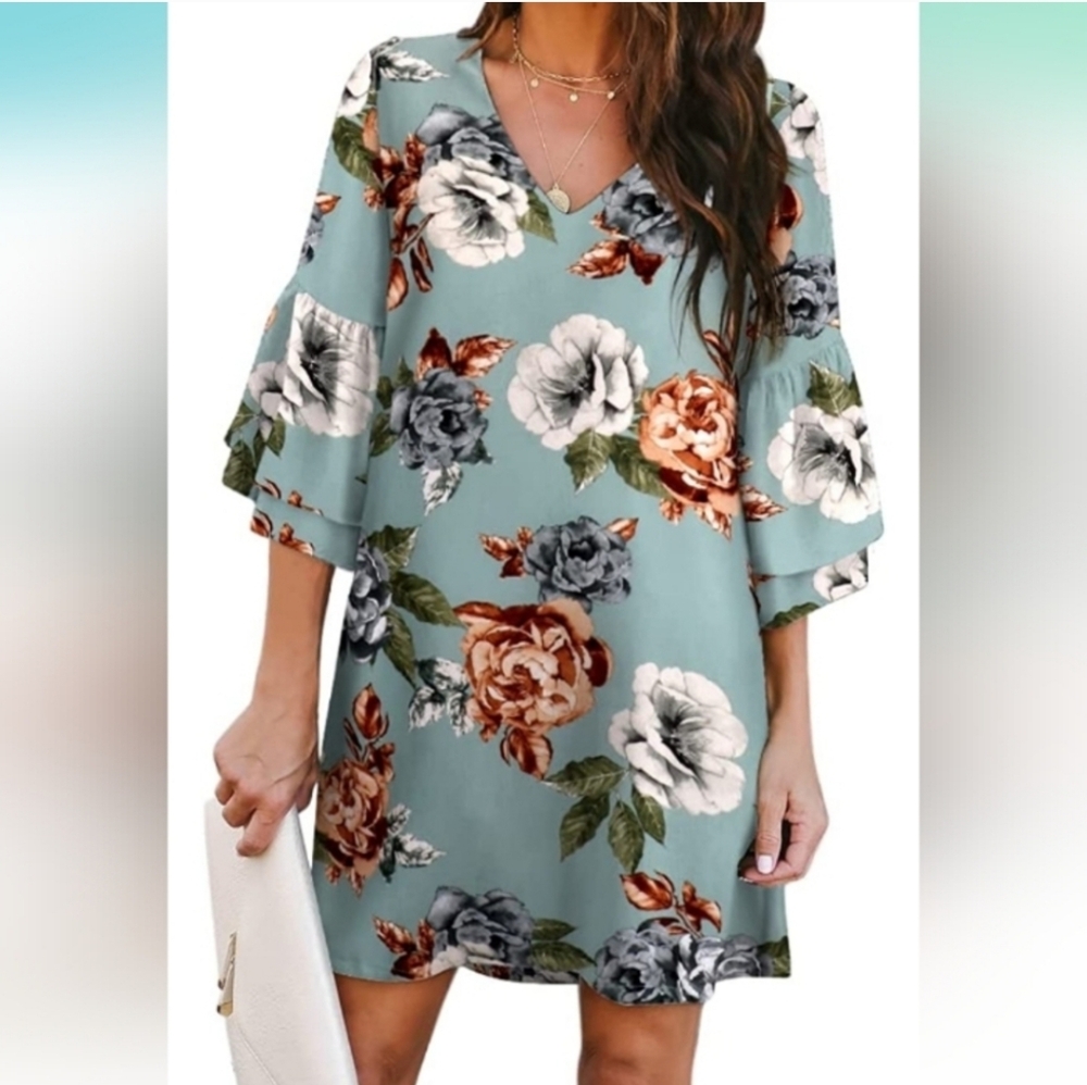 BELONGSCI Women's Dress Sweet & Cute V-Neck Bell Sleeve Shift Dress Mini Dress